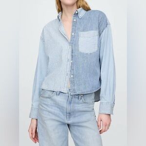 Gap Women Soft Cotton Denim Cropped Big Shirt XL Button Front Oversized Boho NEW